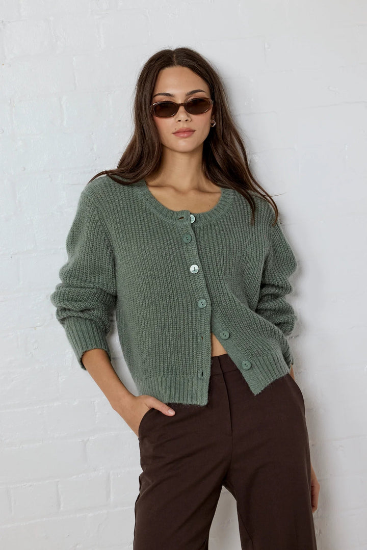Highlight Sage Mohair Blend Crewneck Cardigan - Chillis &amp; More NZ