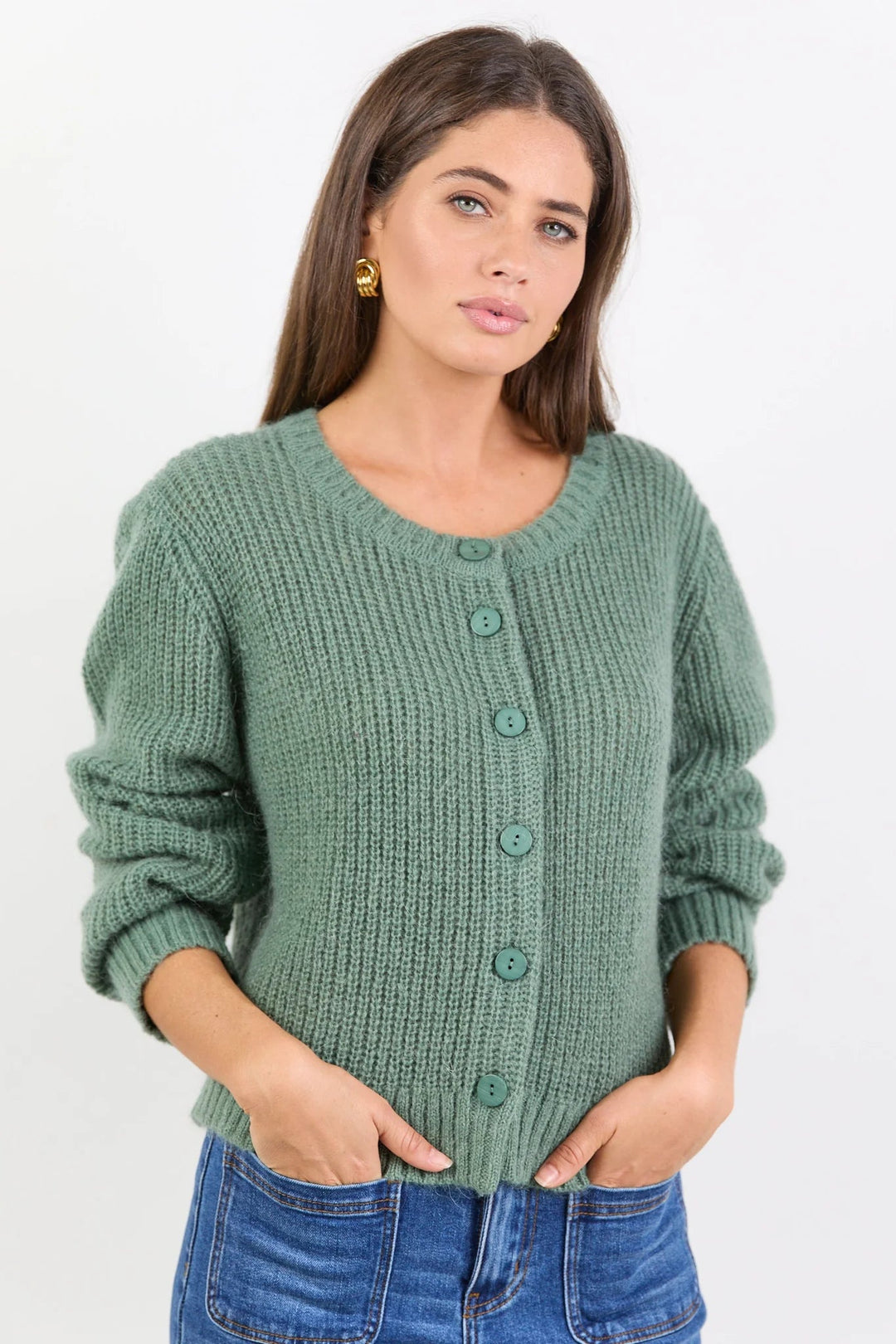 Highlight Sage Mohair Blend Crewneck Cardigan - Chillis &amp; More NZ