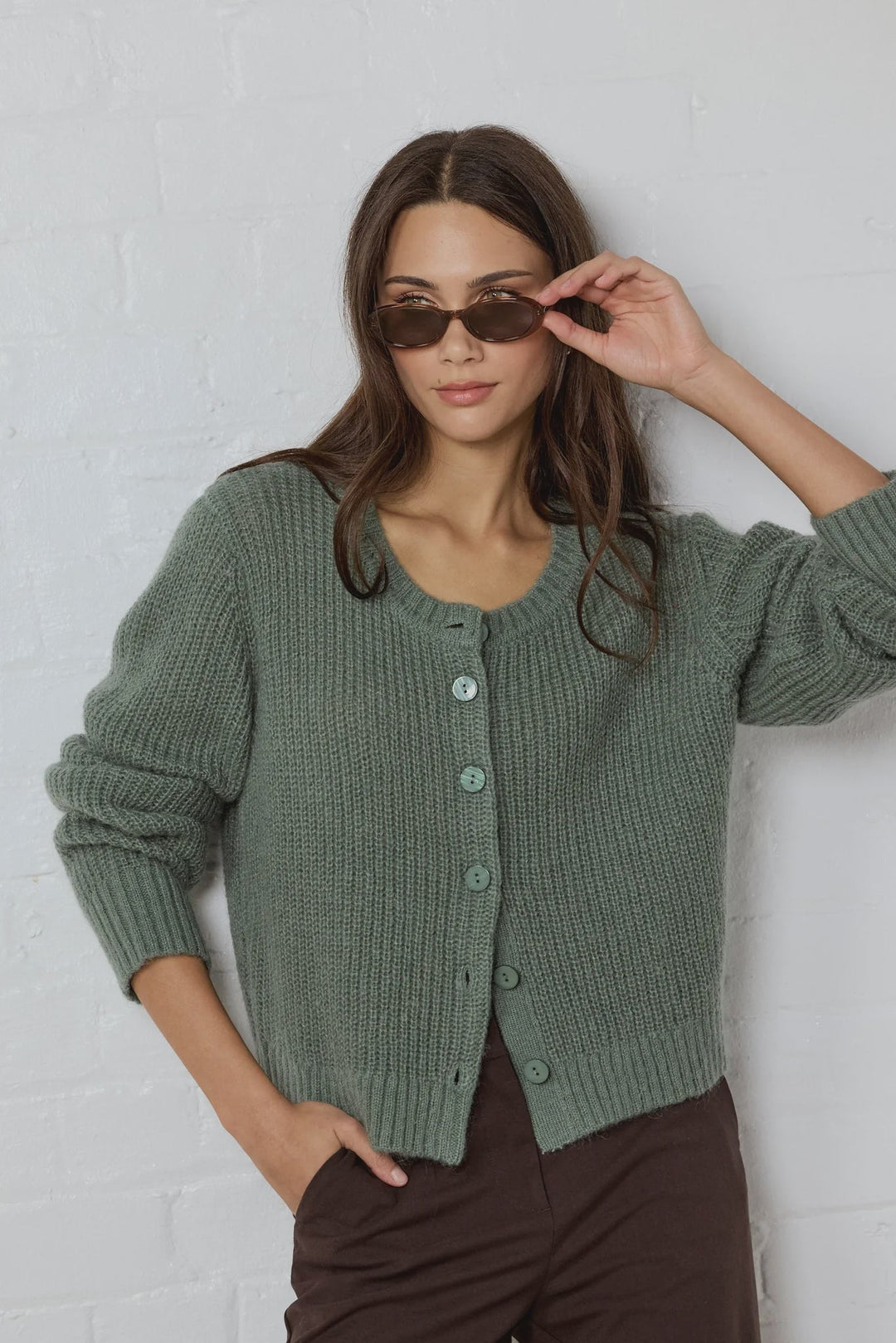 Highlight Sage Mohair Blend Crewneck Cardigan - Chillis &amp; More NZ