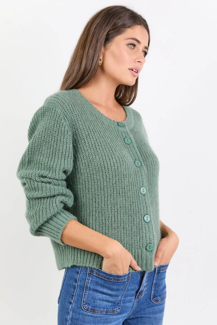Highlight Sage Mohair Blend Crewneck Cardigan - Chillis &amp; More NZ