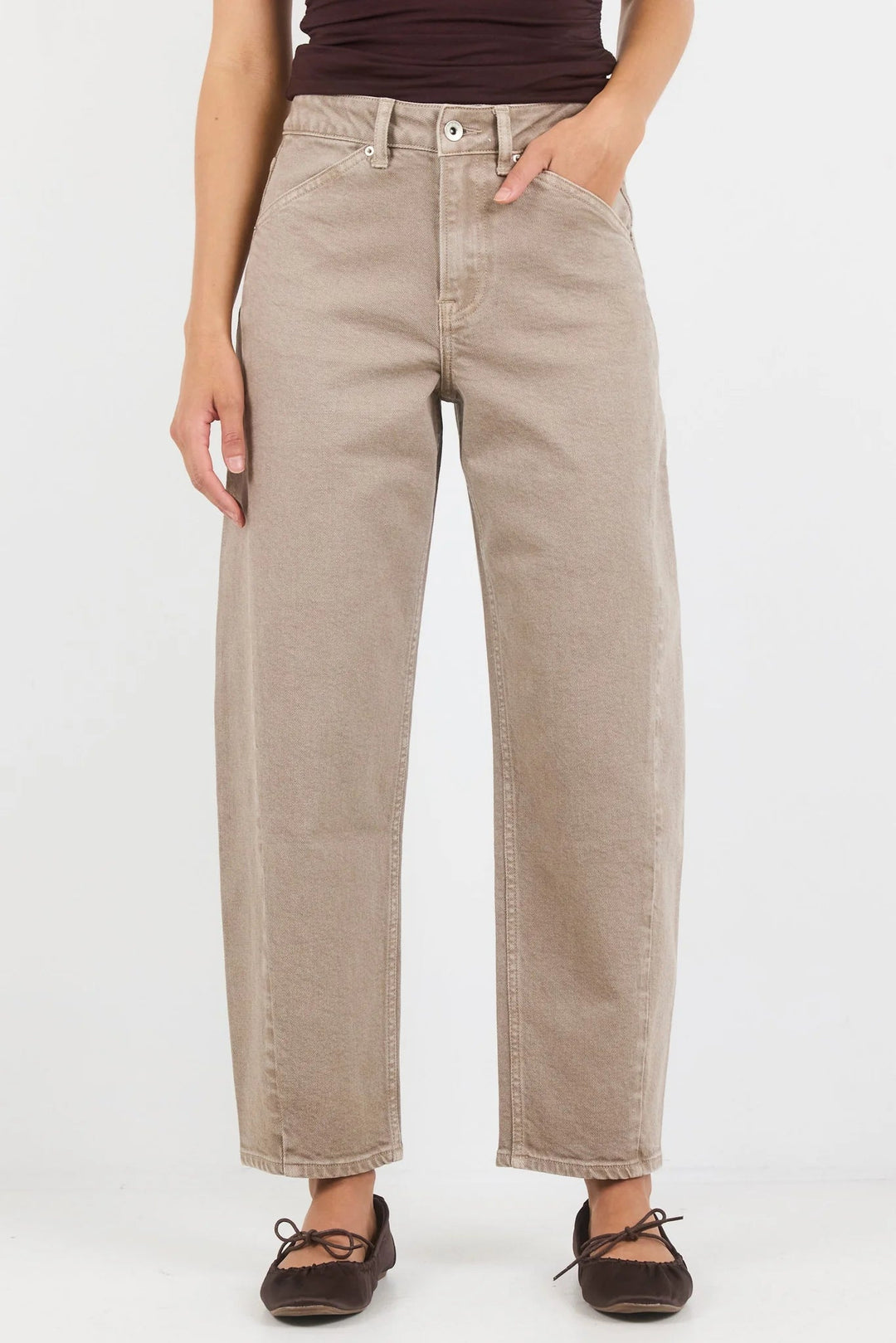 Idolise Taupe Stretch Soft Barrel Jean - Chillis & More NZ