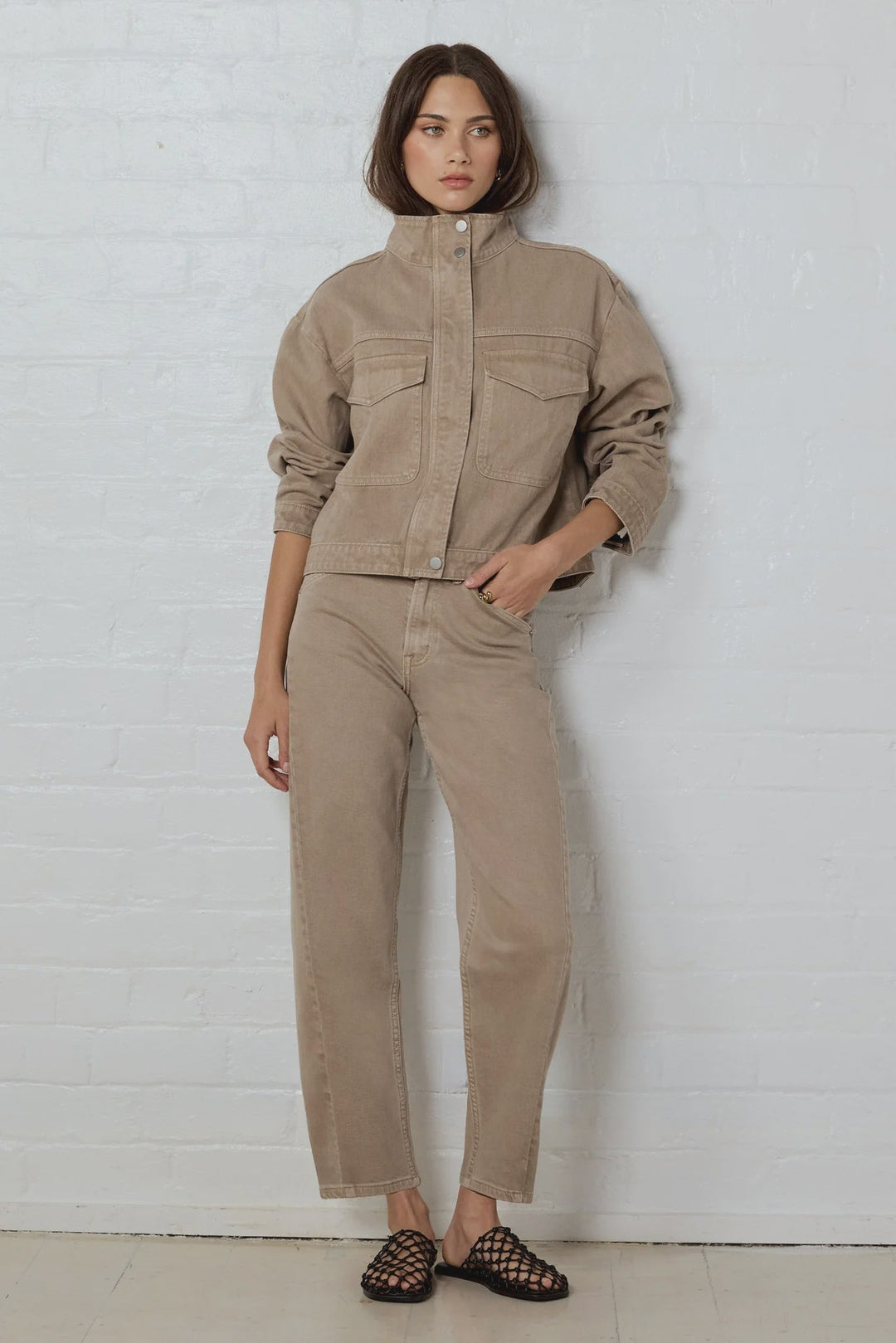 Idolise Taupe Stretch Soft Barrel Jean - Chillis & More NZ