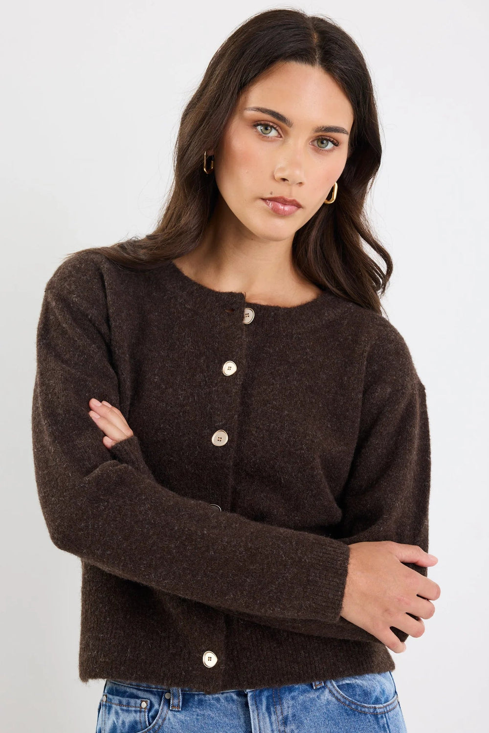 Imprint Chocolate Soft Knit Crewneck Cardigan - Chillis & More NZ