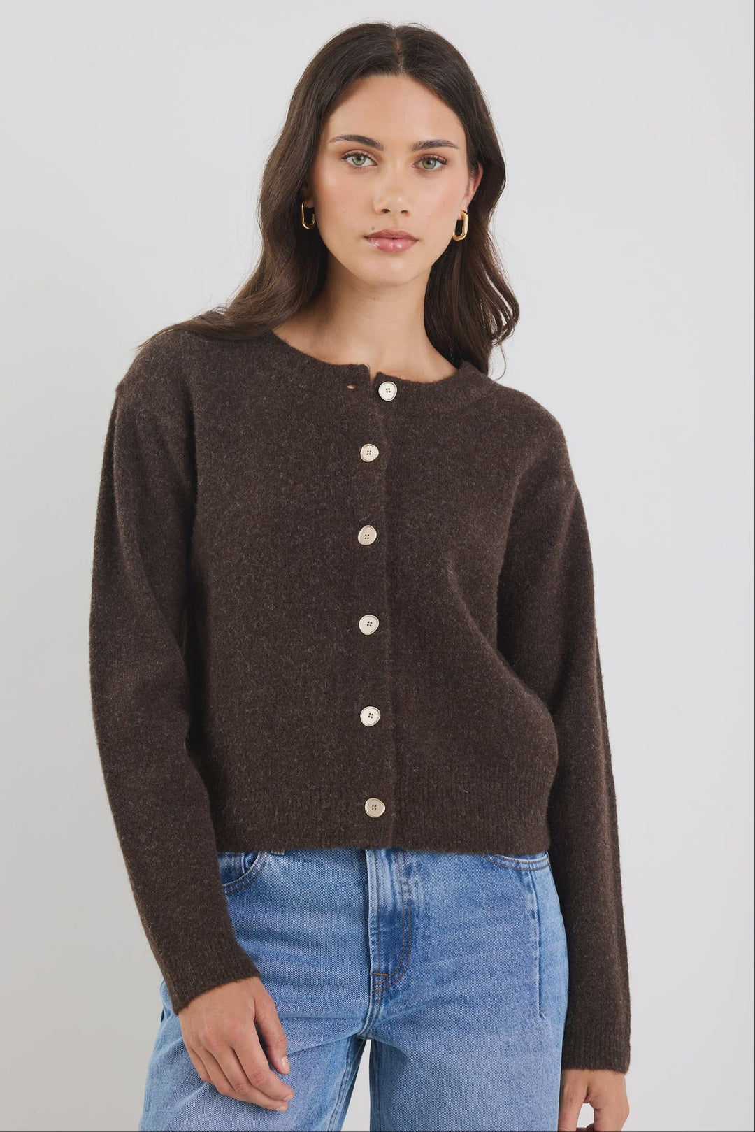 Imprint Chocolate Soft Knit Crewneck Cardigan - Chillis & More NZ