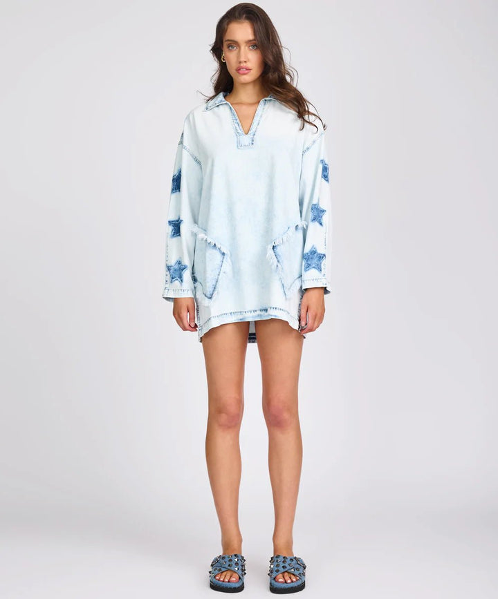 Le Captain Star Pullover Denim Shirt Dress - Depeche Blue - Chillis & More NZ