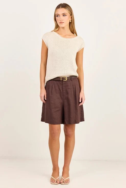 Literal Dark Chocolate Linen Pleat Front Short - Chillis & More NZ