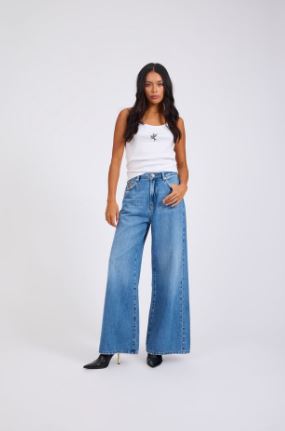 Love Machines Mid Waist Super Wide Leg Denim Jeans - Bright Blue - Chillis & More NZ