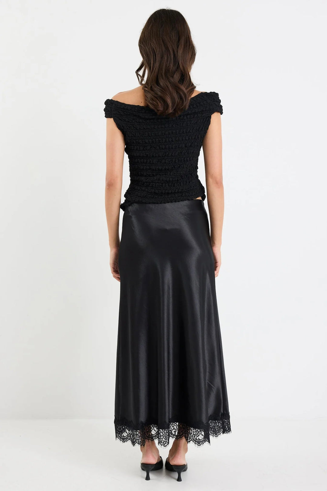 Margarita Black Satin Lace Trim Bias Maxi Skirt - Black - Chillis & More NZ