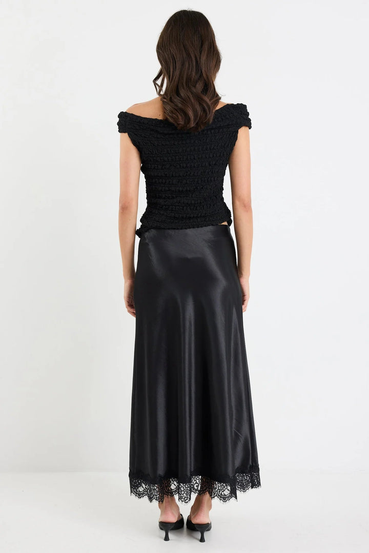 Margarita Black Satin Lace Trim Bias Maxi Skirt - Black - Chillis & More NZ