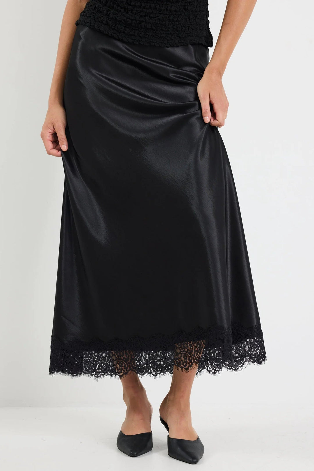 Margarita Black Satin Lace Trim Bias Maxi Skirt - Black - Chillis & More NZ