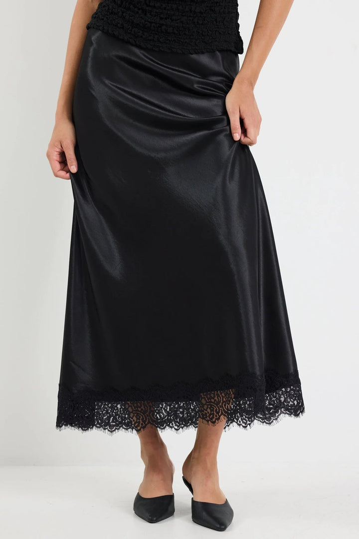 Margarita Black Satin Lace Trim Bias Maxi Skirt - Black - Chillis & More NZ