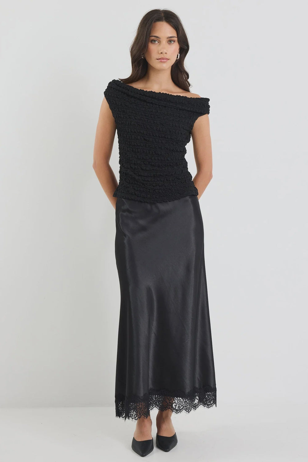 Margarita Black Satin Lace Trim Bias Maxi Skirt - Black - Chillis & More NZ