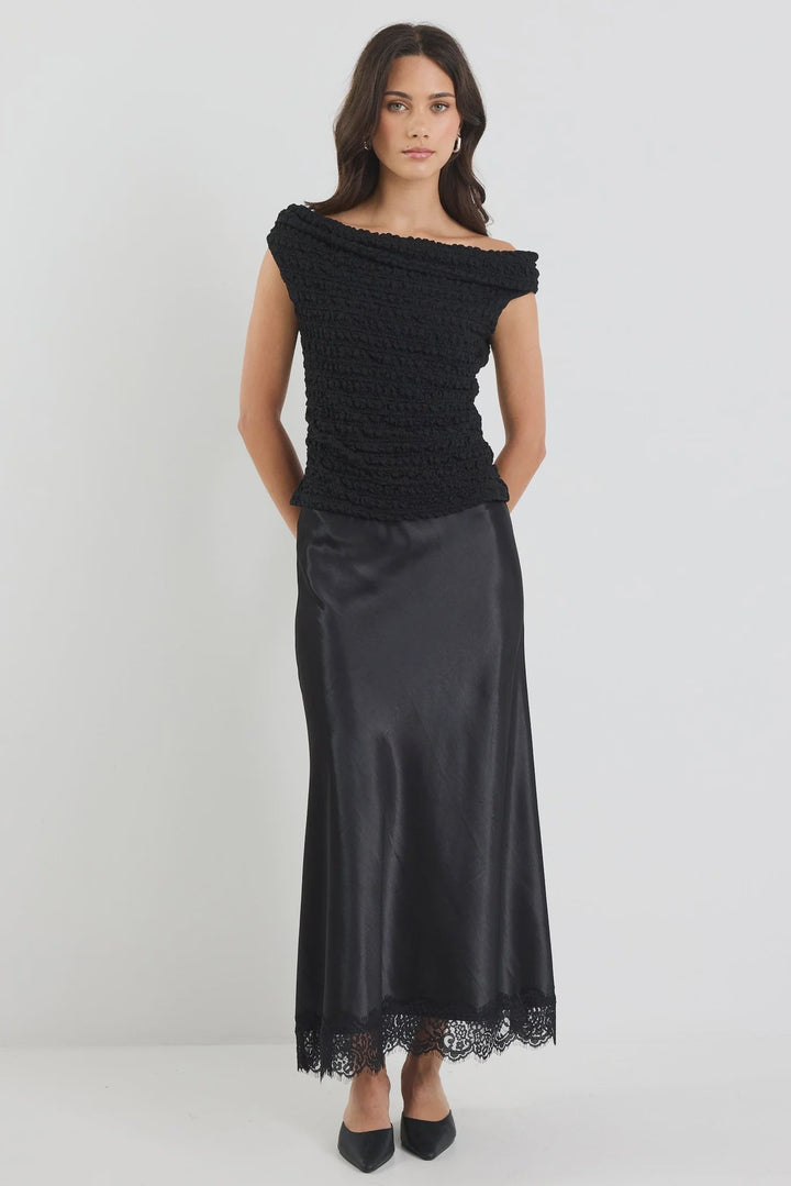 Margarita Black Satin Lace Trim Bias Maxi Skirt - Black - Chillis & More NZ