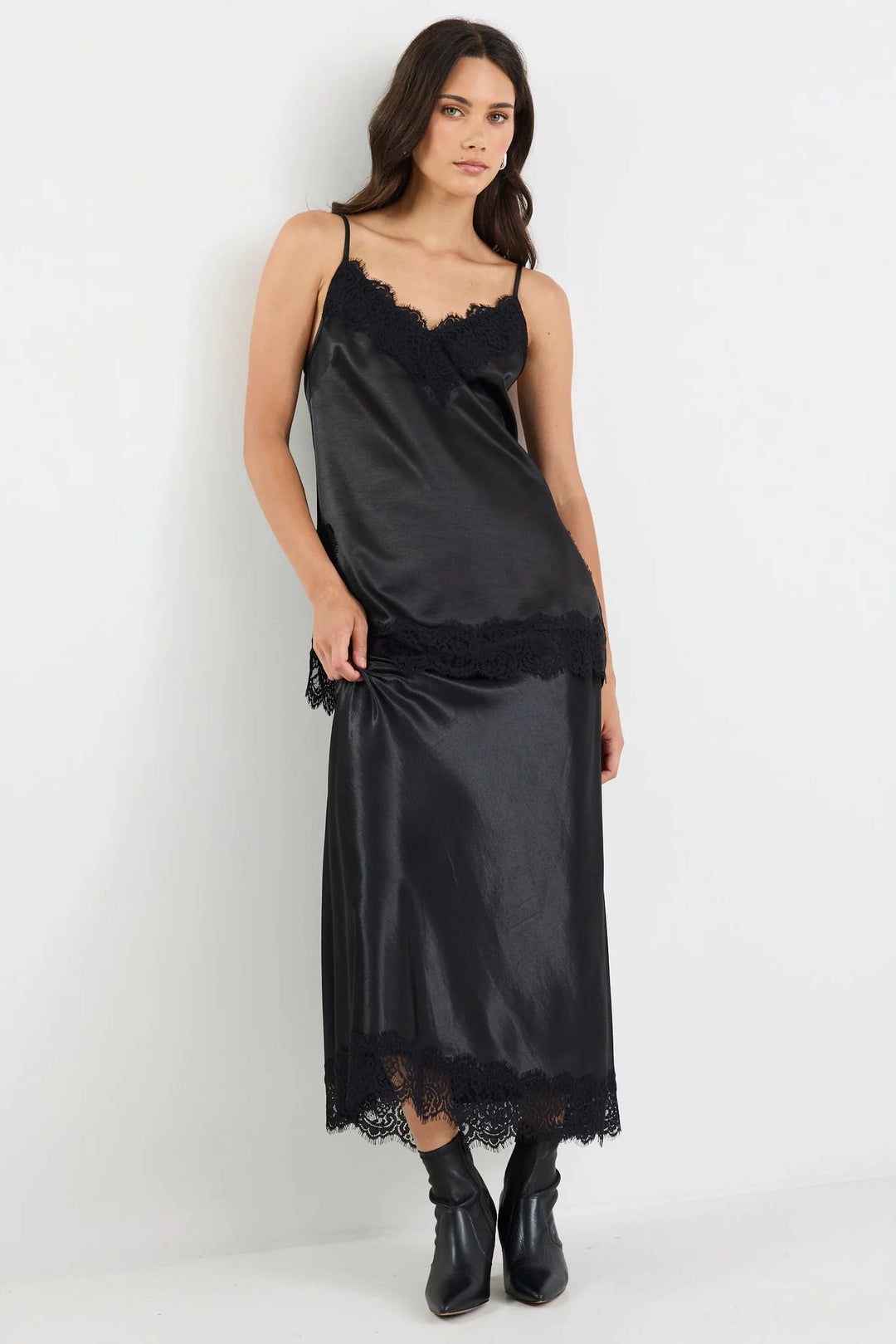 Margarita Black Satin Lace Trim Bias Maxi Skirt - Black - Chillis & More NZ