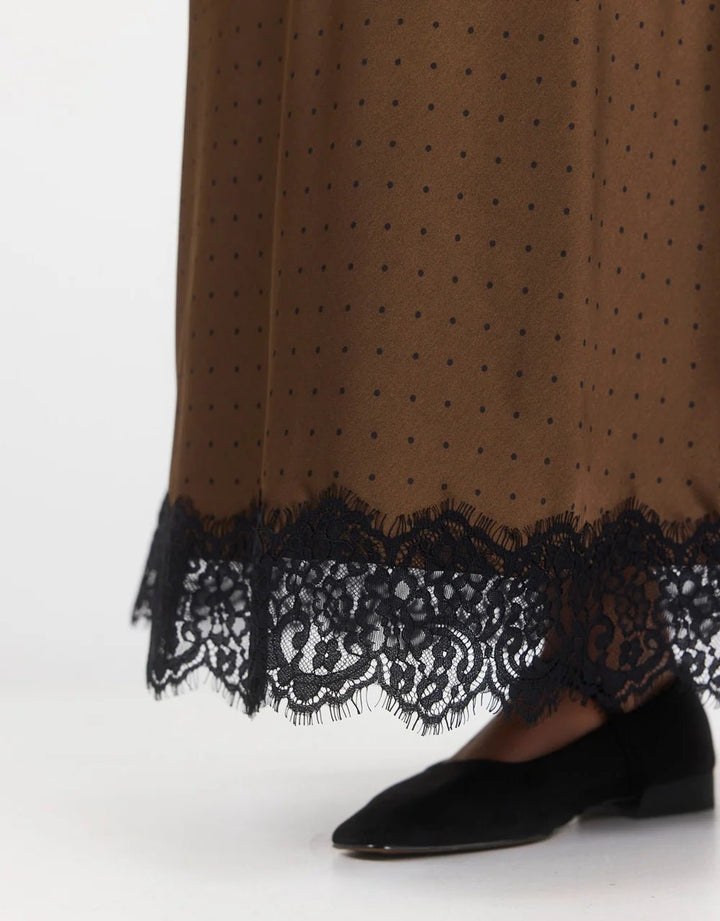 Margarita Chocolate Polka Dot Satin Lace Trim Bias Maxi Skirt - Chillis & More NZ