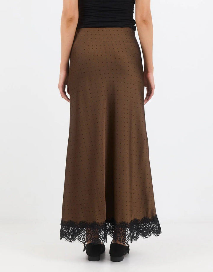Margarita Chocolate Polka Dot Satin Lace Trim Bias Maxi Skirt - Chillis & More NZ