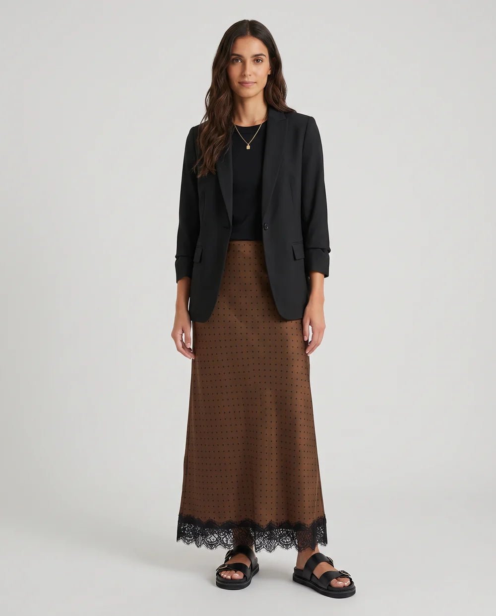 Margarita Chocolate Polka Dot Satin Lace Trim Bias Maxi Skirt - Chillis & More NZ