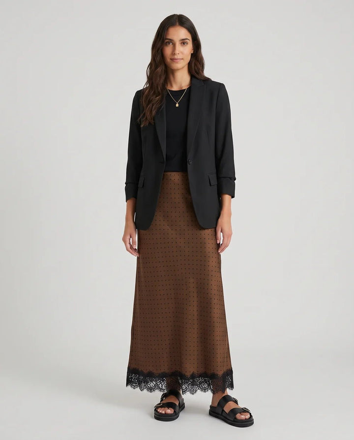 Margarita Chocolate Polka Dot Satin Lace Trim Bias Maxi Skirt - Chillis & More NZ