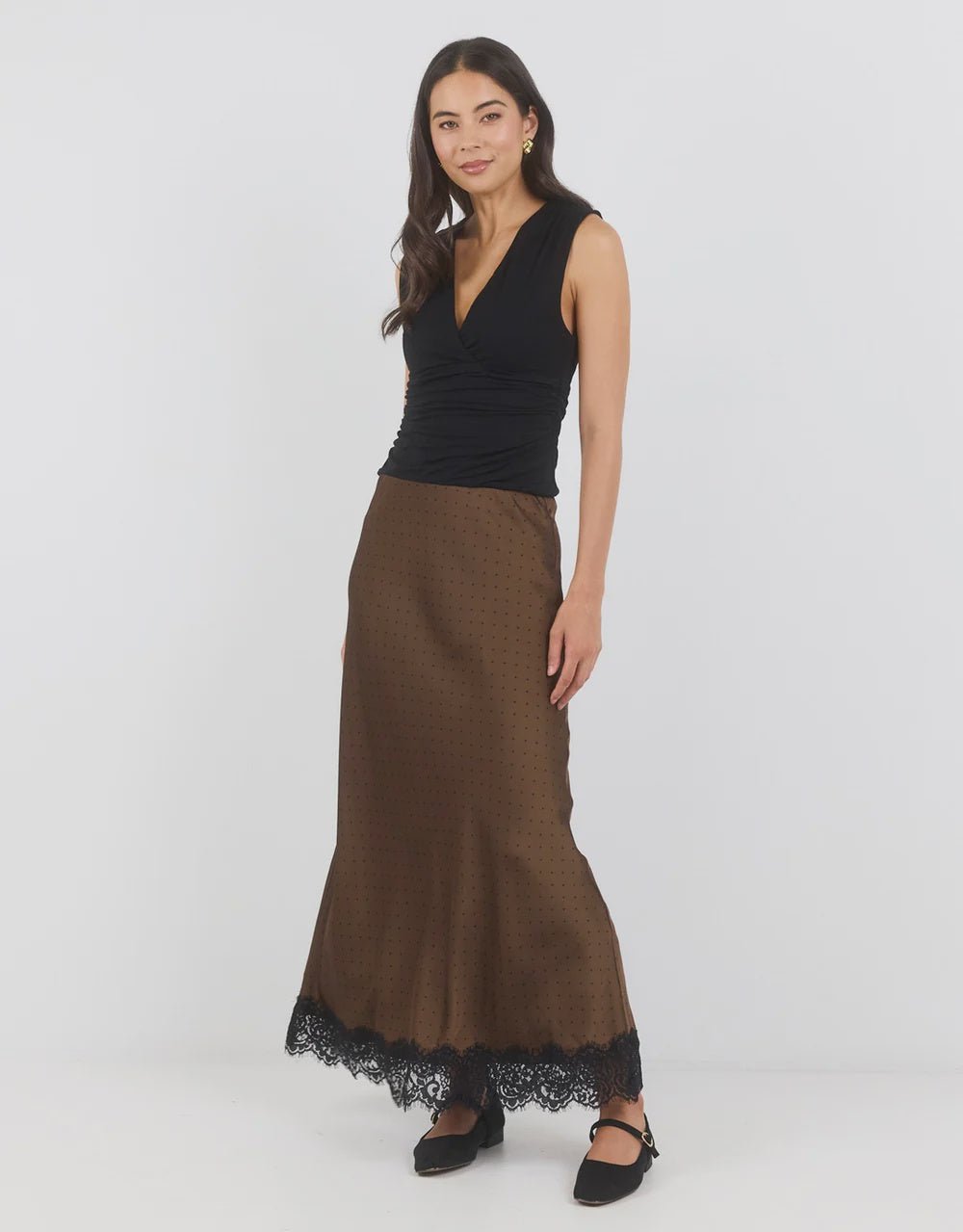 Margarita Chocolate Polka Dot Satin Lace Trim Bias Maxi Skirt - Chillis & More NZ