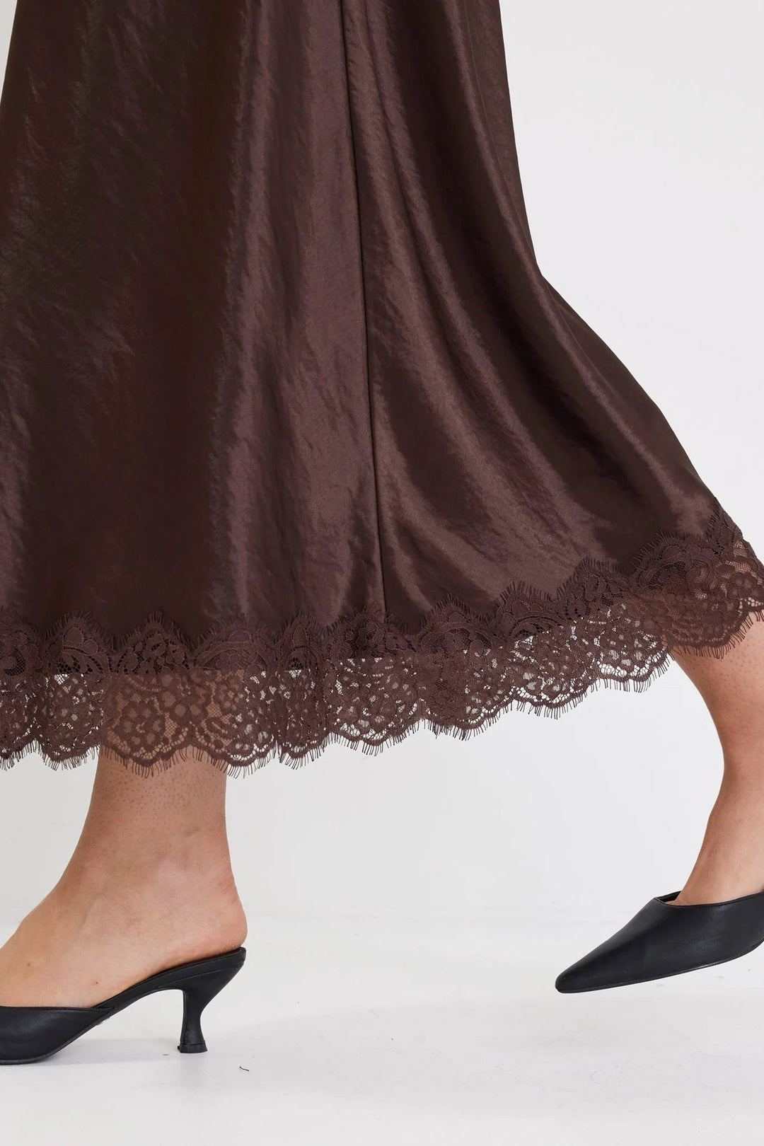 Margarita Chocolate Satin Lace Trim Bias Maxi Skirt - Chillis &amp; More NZ