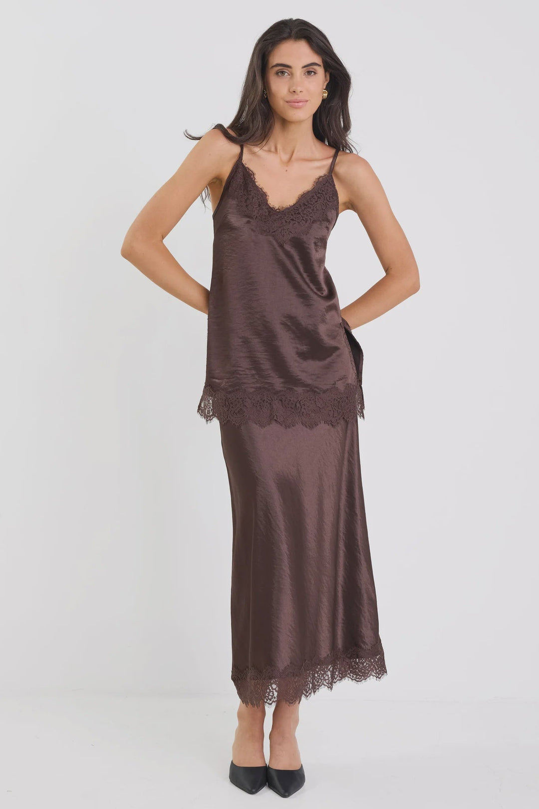 Margarita Chocolate Satin Lace Trim Bias Maxi Skirt - Chillis & More NZ