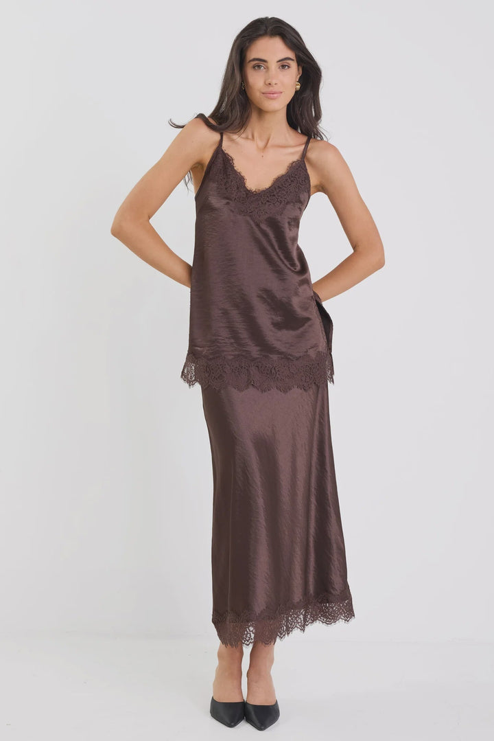 Margarita Chocolate Satin Lace Trim Bias Maxi Skirt - Chillis &amp; More NZ