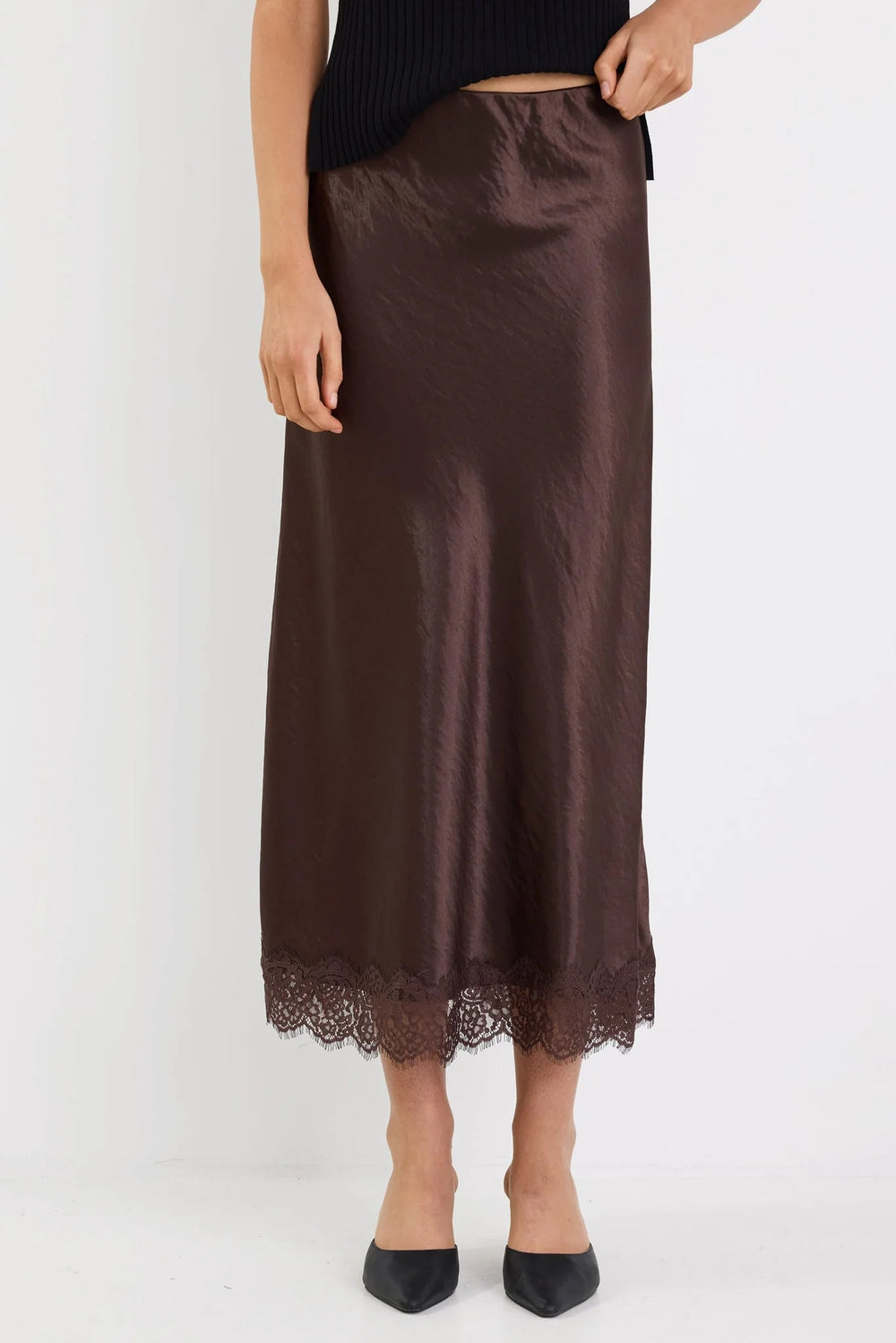Margarita Chocolate Satin Lace Trim Bias Maxi Skirt - Chillis & More NZ