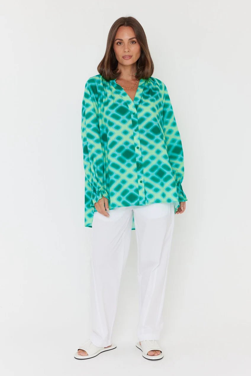 Meeka Blouse - Emerald Blue Cross Hatch - Chillis & More NZ