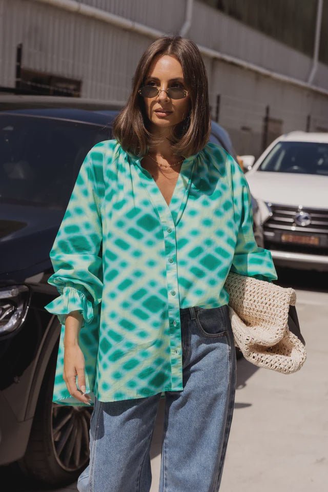 Meeka Blouse - Emerald Blue Cross Hatch - Chillis & More NZ