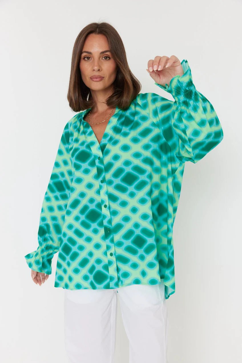 Meeka Blouse - Emerald Blue Cross Hatch - Chillis & More NZ