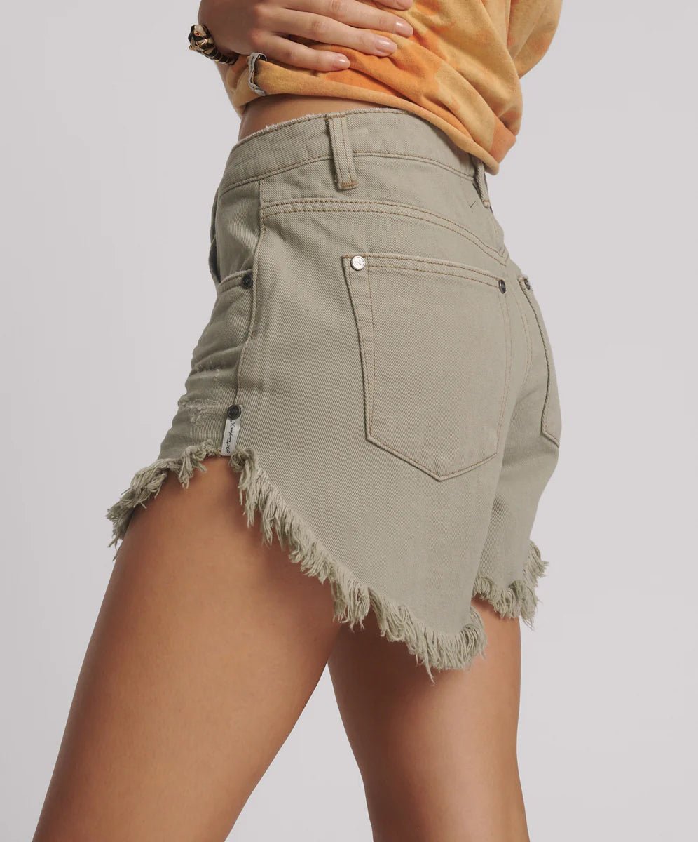 Mid Waist Outlaws Denim Shorts - Faded Khaki - Chillis & More NZ