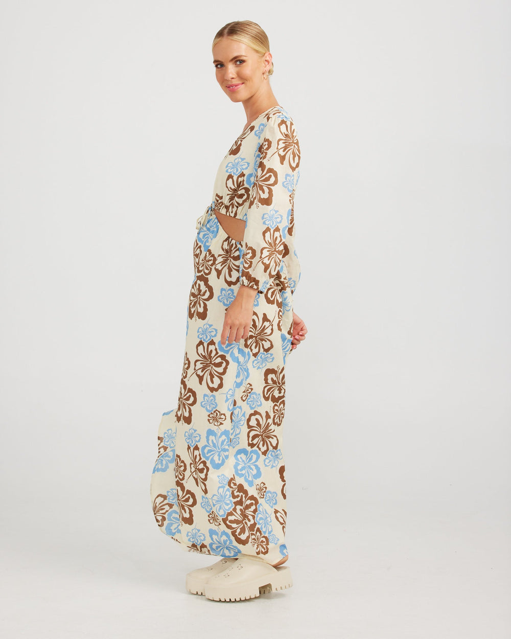 Miranda Maxi Dress - Cream Hibiscus - Chillis & More NZ