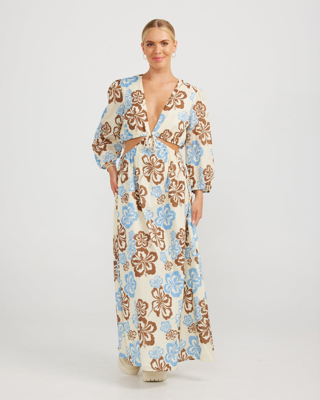 Miranda Maxi Dress - Cream Hibiscus - Chillis & More NZ