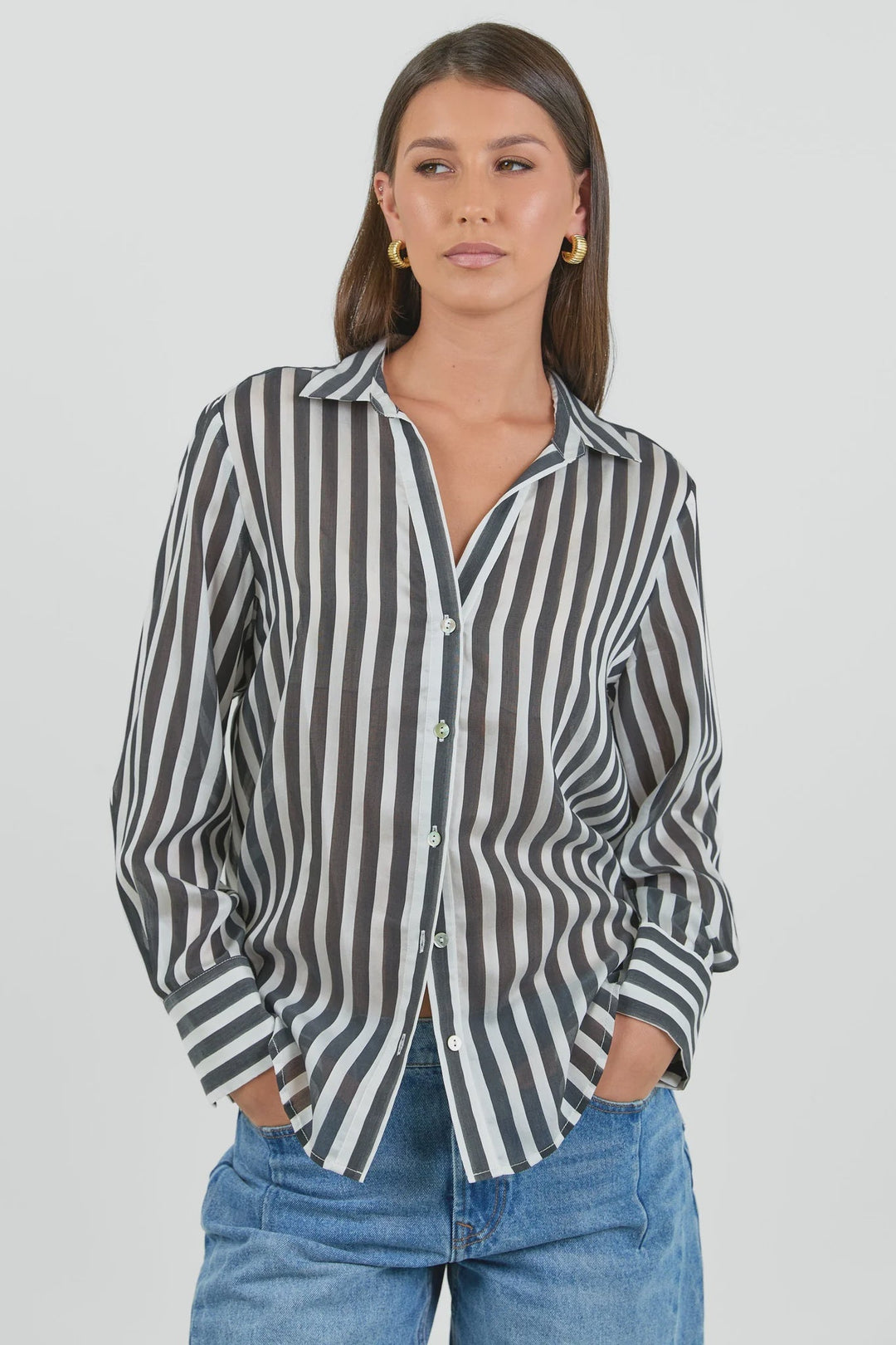 Narrative Black Stripe Semi Sheer Shirt - Chillis & More NZ