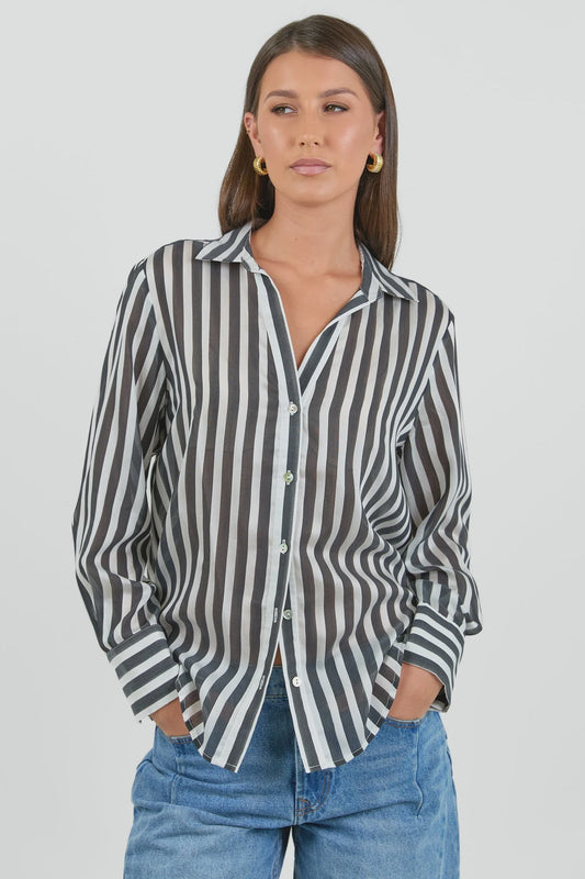 Narrative Black Stripe Semi Sheer Shirt - Chillis & More NZ