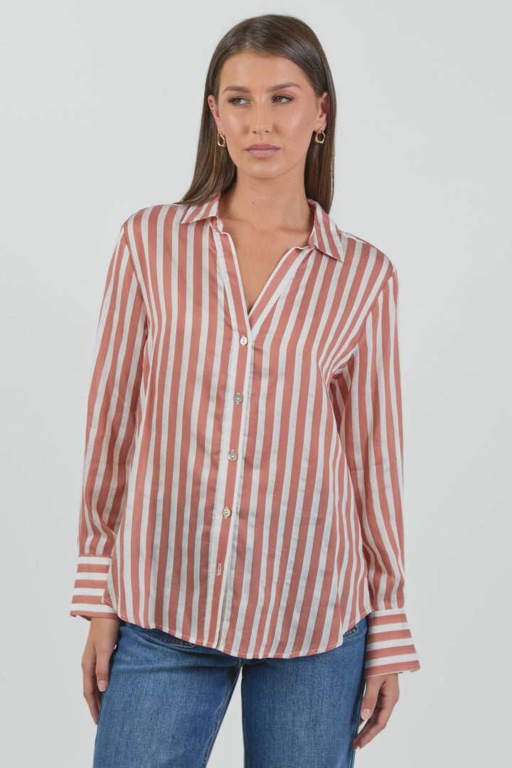 Narrative Ochre Stripe Semi Sheer Long Sleeve Shirt - Chillis &amp; More NZ