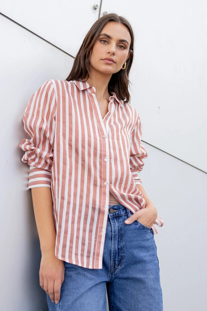 Narrative Ochre Stripe Semi Sheer Long Sleeve Shirt - Chillis &amp; More NZ