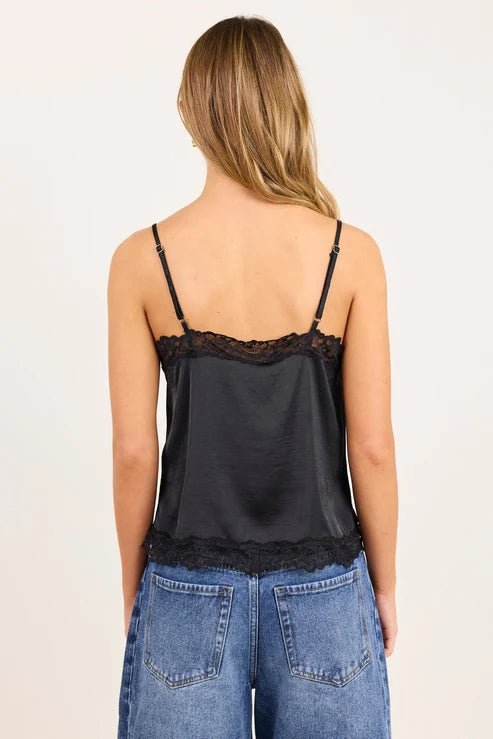 Nocturne Black Satin Lace Trim Cami - Chillis & More NZ