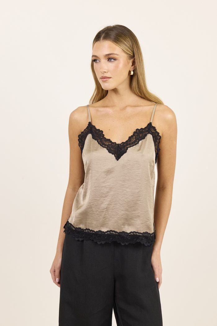 Nocturne Taupe Satin Lace Trim Cami - Chillis & More NZ