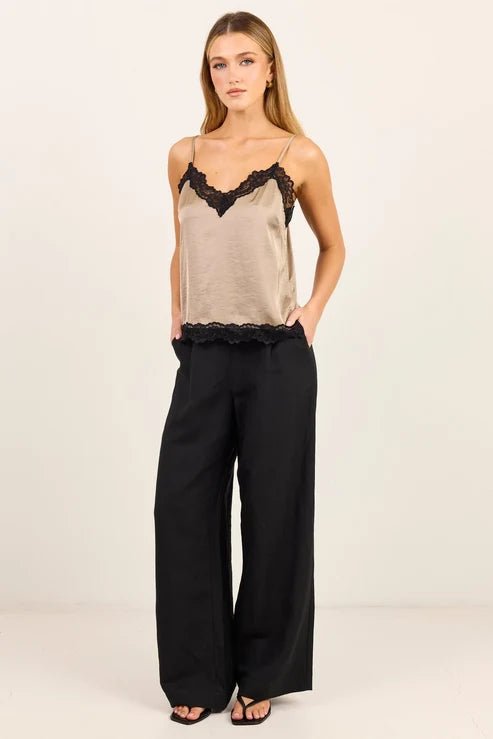 Nocturne Taupe Satin Lace Trim Cami - Chillis & More NZ