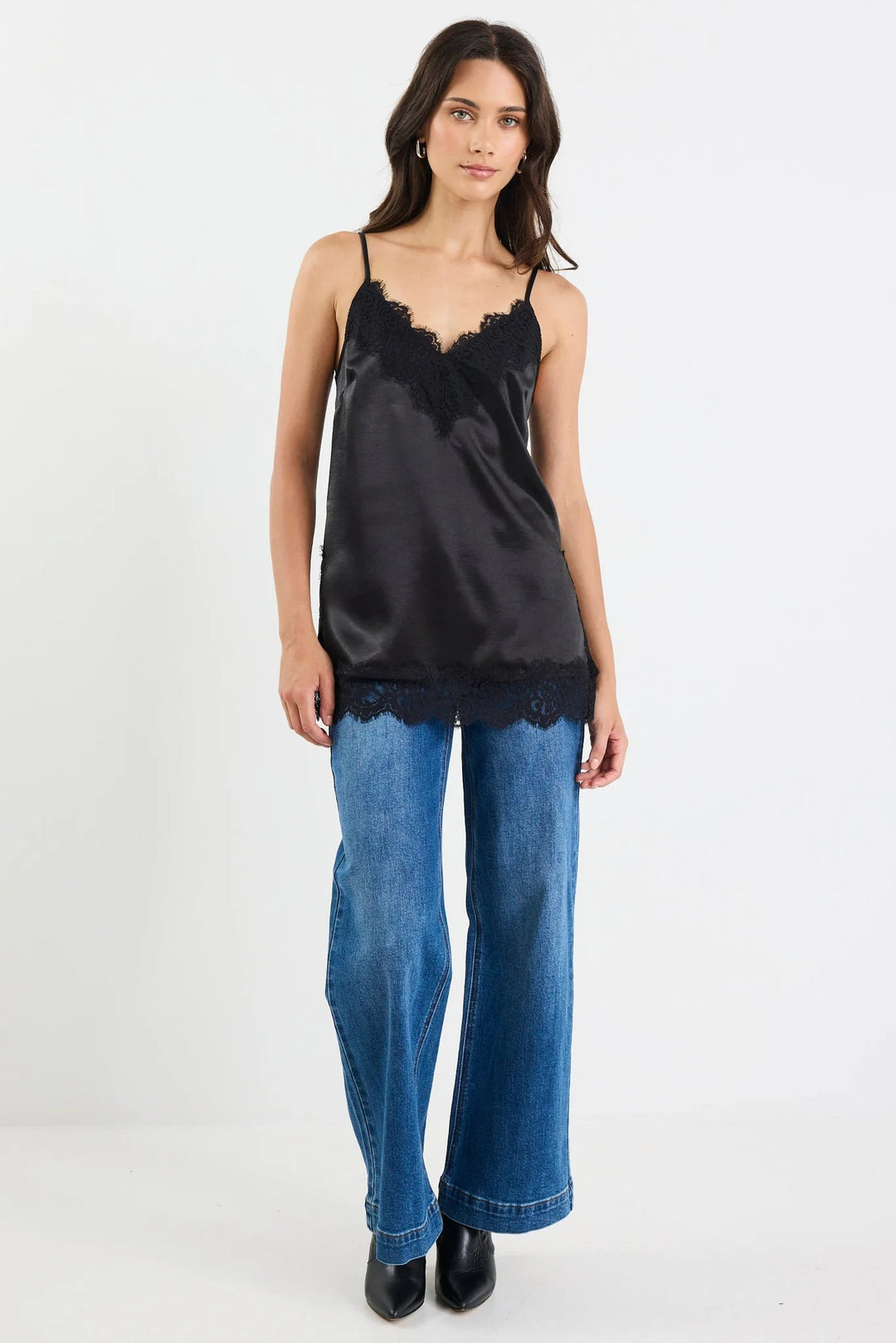 Noir Black Satin Lace Trim Cami - Chillis & More NZ