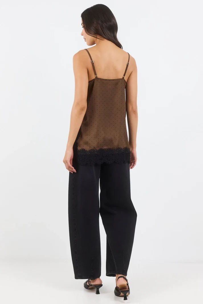 Noir Chocolate Polka Dot Satin Lace Trim Cami - Chillis & More NZ