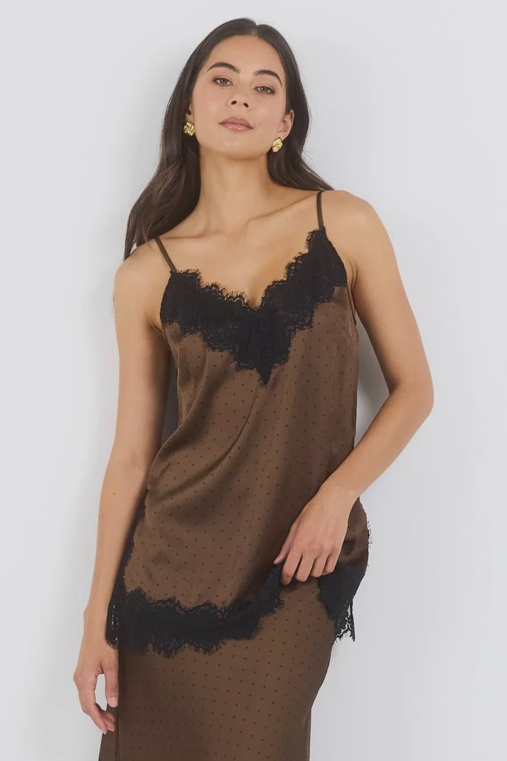 Noir Chocolate Polka Dot Satin Lace Trim Cami - Chillis & More NZ