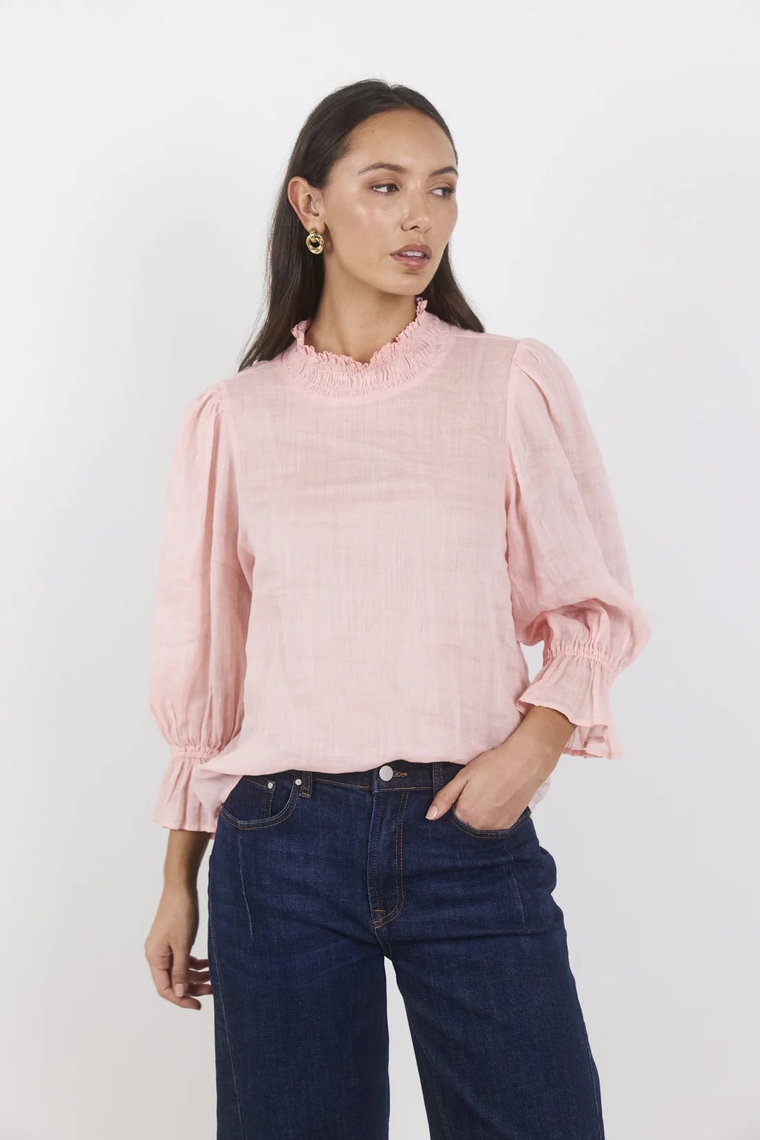 Occasion Pale Pink Shirred Neck Short Sleeve Top - Chillis & More NZ