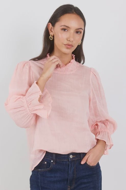 Occasion Pale Pink Shirred Neck Short Sleeve Top - Chillis & More NZ