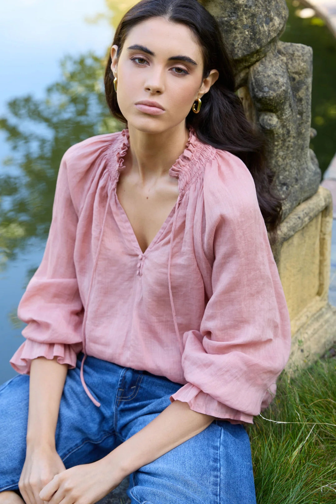 Odyssey Blush Shirred Neck Button Long Sleeve Top - Chillis & More NZ