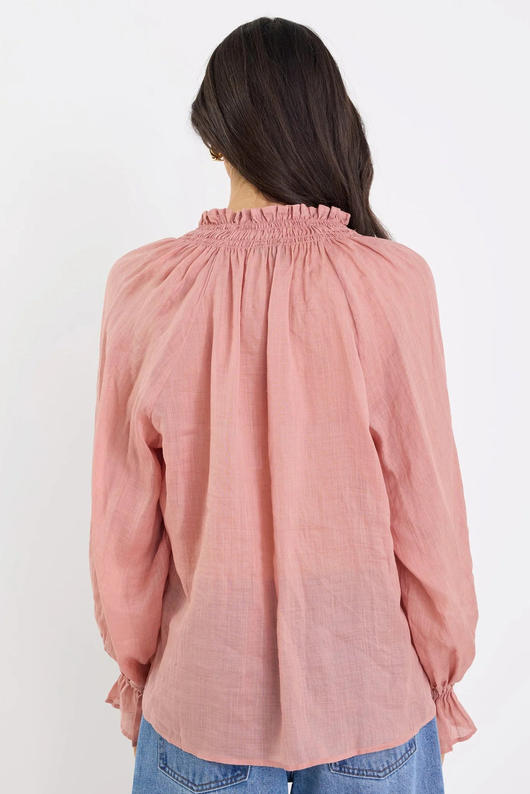 Odyssey Blush Shirred Neck Button Long Sleeve Top - Chillis & More NZ