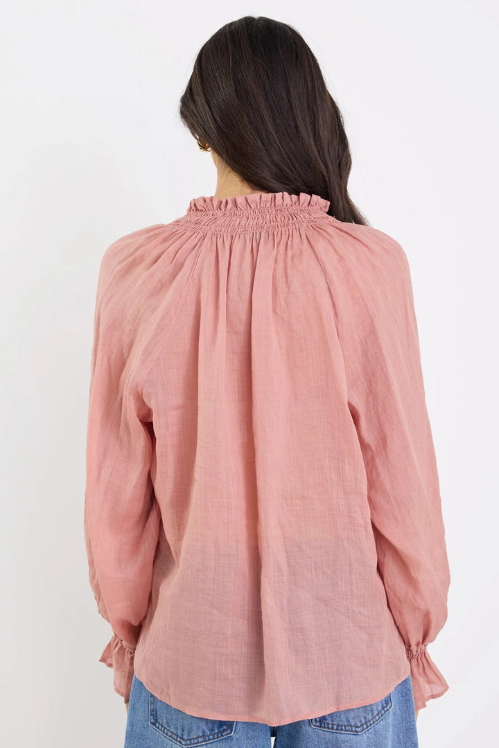 Odyssey Blush Shirred Neck Button Long Sleeve Top - Chillis & More NZ