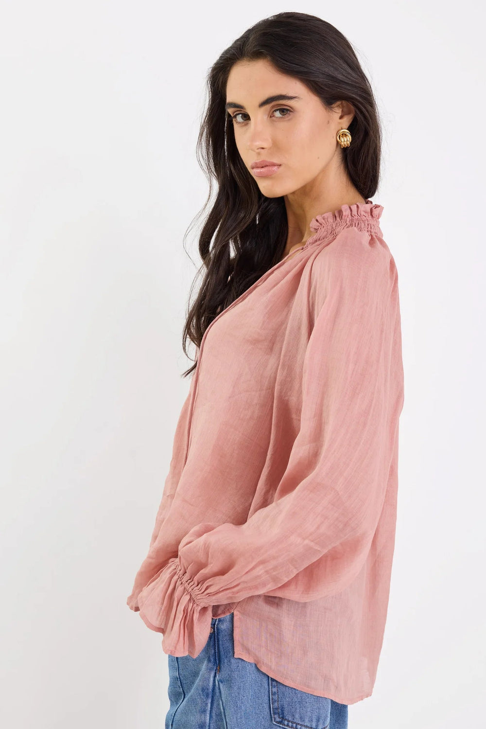 Odyssey Blush Shirred Neck Button Long Sleeve Top - Chillis & More NZ
