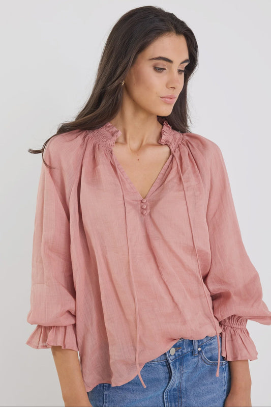 Odyssey Blush Shirred Neck Button Long Sleeve Top - Chillis & More NZ